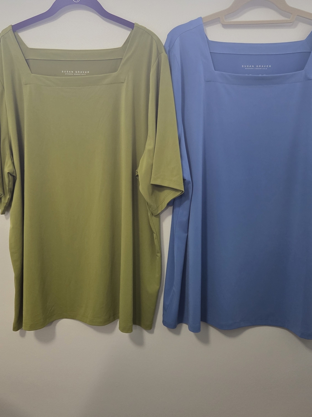 Susan Graver Set Of 2 Short-Sleeve Square-Neck Top — Olive Green and Sky Blue